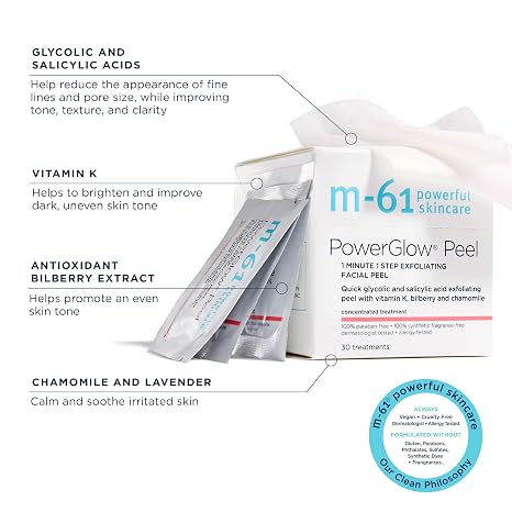 m-61 PowerGlow Peel, 30 Treatments | Exfoliating Facial Peel, Glycolic & Salicylic Acid, 1 Minute, 1 Step