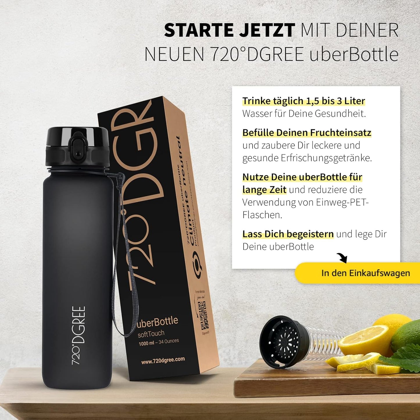 uberBottle Trinkflasche | softTouch Fruchtbehälter