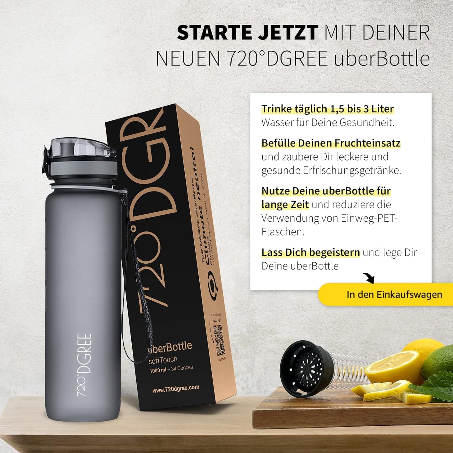 uberBottle Trinkflasche | softTouch Fruchtbehälter