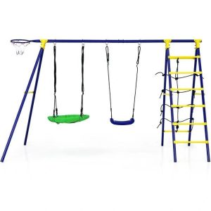 Ultimate 5-In-1 Outdoor Kids Swing Set with Sturdy A-Frame Metal Construction and Secure Ground Stakes