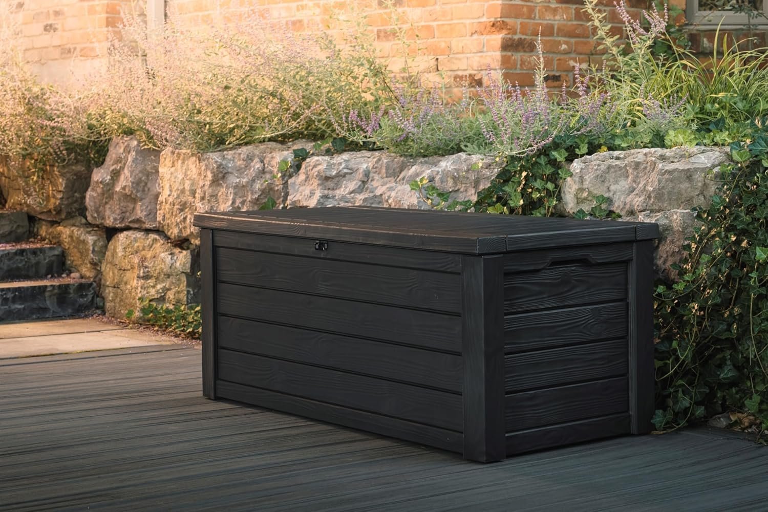 Keter Westwood 150-Gallon Resin Outdoor Storage Box | Weather-Resistant Deck Bin for Patio Cushions, Garden Tools & Pool Accessories – Dark Grey - Image 6