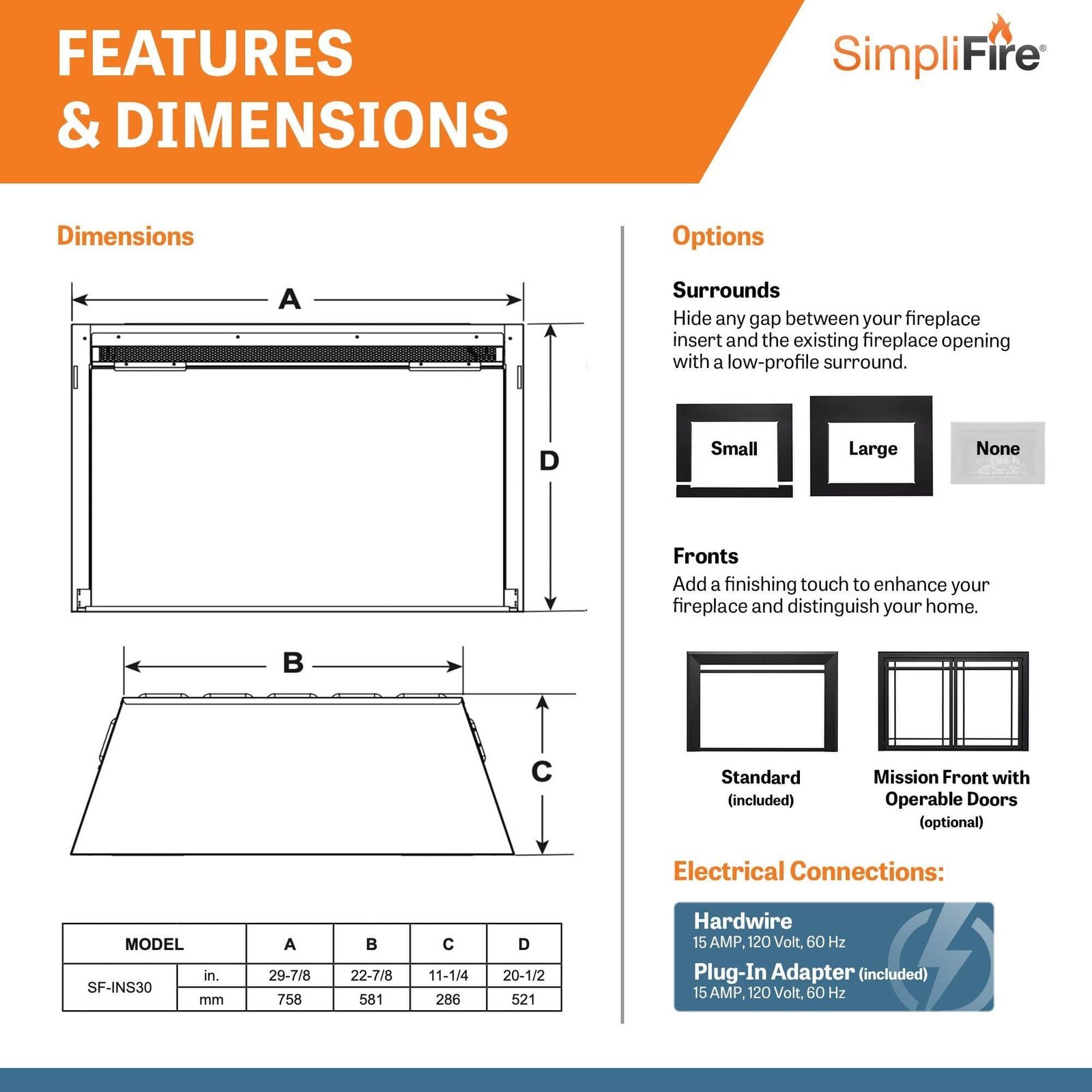 SimpliFire 30-In Electric Fireplace Insert with LED Flame and Multi-Color Ember Bed - Image 6