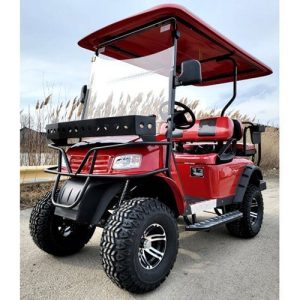 New 48v Electric Golf Cart Lifted & Loaded eMACHINE – RED Street Ready Light Package & Flip Seat